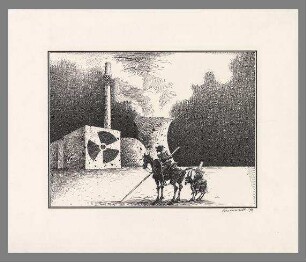 Don Quijote und Sancho Pansa vor Atomkraftwerk.