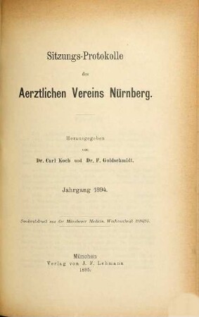 Sitzungs-Protokolle des Ärztlichen Vereins Nürnberg. 1894