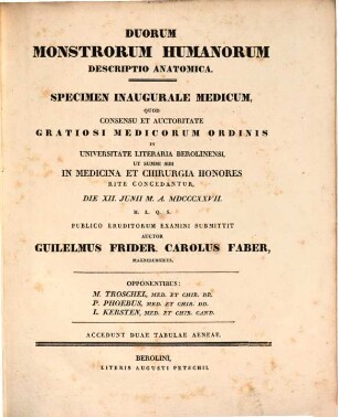 Duorum monstrorum humanorum descriptio anatomica : specimen inaugurale medicum ; accedunt duae tabulae aeneae