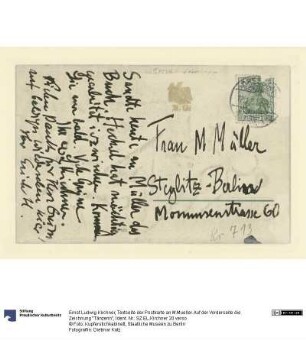 Textseite der Postkarte an M.Mueller. Auf der Vorderseite die Zeichnung "Tänzerin"