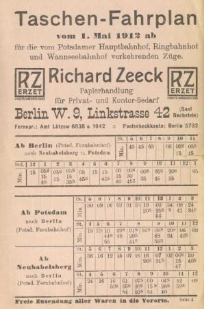 Taschen-Fahrplan vom 1. Mai 1912 ab