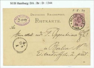 Postkarte an Franz Oppenheimer