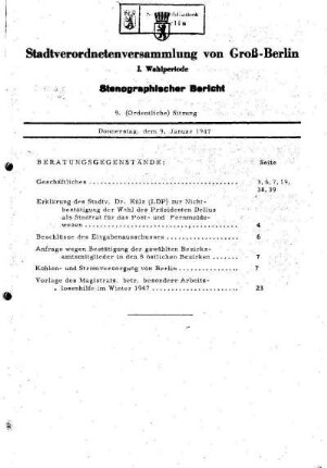 Nr. 9, 9. Januar 1947, Ordentliche Sitzung