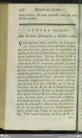 Lettre DLXXXV. Aux Rochers, Dimanche, 2. Octobre, 1689