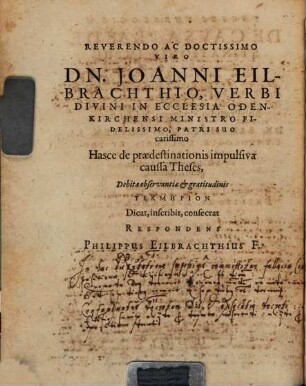 Theses Theologicae De Causa Praedestinationis Impulsiva