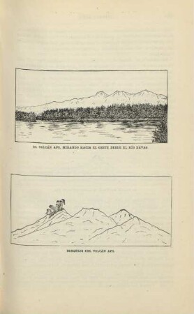 El volcán Apo, mirando hacia el oeste desde el río Dávao. Bosquejo del volcán Apo