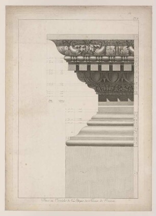 Basis und Gebälk der Attika, Nerva-Forum, Rom (Moreau, Fragmens, 1820, Taf. 11)