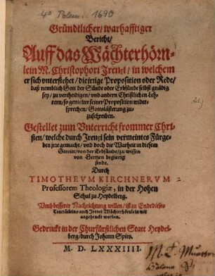 Bericht auf das Wächterhörnlein Christph. Irenaei