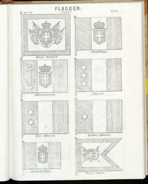 Taf. 37. Königl. Standarte. - Kriegsflagge. - Marineminister. - Admiral. - Vice-Admiral. - Contre-Admiral. - Com[m]andoflagge. - Prinz. Standarte.