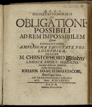 Dissertatio Moralis De Obligatione Possibili Ad Rem Impossibilem