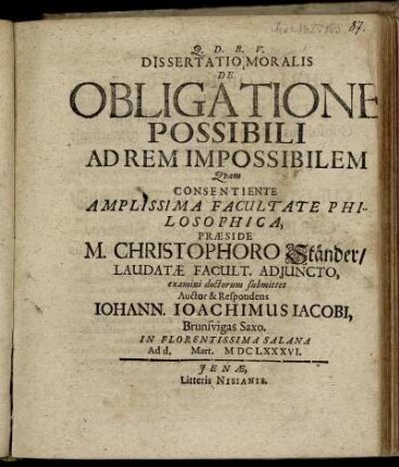 Dissertatio Moralis De Obligatione Possibili Ad Rem Impossibilem