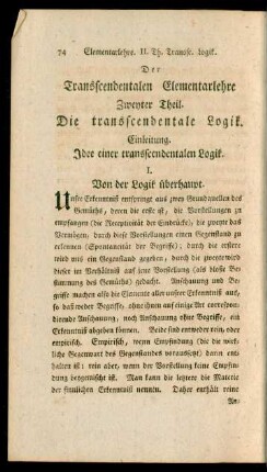 Zweyter Theil. Die transscendentale Logik