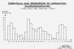Freßrhythmus einer Milchkuhherde bei aufgewerteten Grundfuttermischungen (46 Kühe, Ø aus 3 Tagen, Futtervorlage 1 mal täglich)