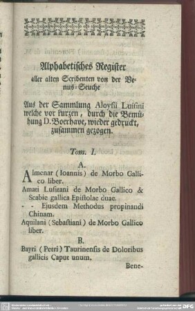 Alphabetisches Register aller alten Scribenten von der Venus-Seuche