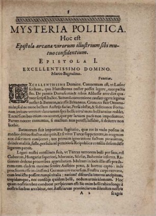 Mysteria Politica. Hoc est, Epistolæ Arcanæ Virorvm Illvstrivm Sibi Mvtvo Confidentium : Lectu & consideratione dignæ