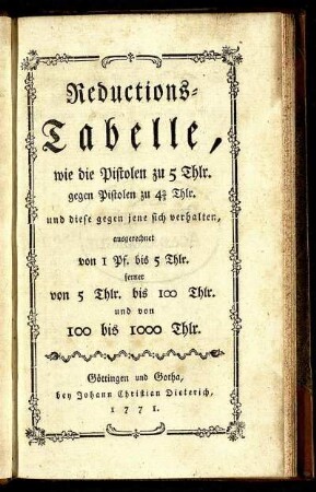 Reductions-Tabelle, wie die Pistolen zu 5 Thlr. gegen Pistolen zu 4 2/3 Thlr. und diese gegen jene sich verhalten : ausgerechnet von 1 Pf. bis 5 Thlr. ; ferner von 5 Thlr. bis 100 Thlr. und von 100 bis 1000 Thlr.