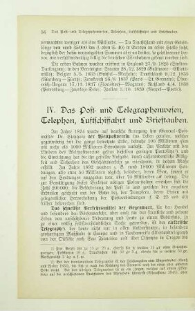 IV. Das Post- und Telegraphenwesen, Telephon, Luftschiffahrt und Brieftauben