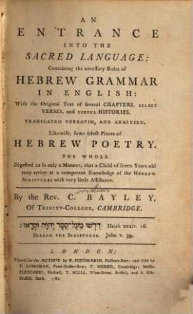 An entrance into the sacred language : containing the necessary rules of hebrew grammar in english