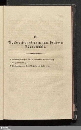 II. Verbereitungsreden zum heiligen Abendmahle