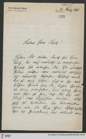 Heid. Hs. 3820,55: Brief von Heinrich Rickert an Emil Lask