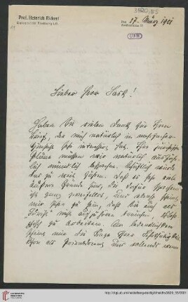 Heid. Hs. 3820,55: Brief von Heinrich Rickert an Emil Lask