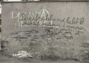 Dresden-Friedrichstadt. Desolate Mauer mit verschiedenen Schmierereien