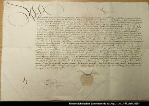 Der Erzbischof Christoph von Bremen, Herzog zu Braunschweig und Lüneburg, bevollmächtigt den Floris van Egmond Graf von Bueren zu Bündnisverhandlungen mit den Grafen Ulrich, Johann und Enno II. von Ostfriesland Ausstellungsort: Bremervörde Aufgedrücktes Siegel erhalten; Unterschrift