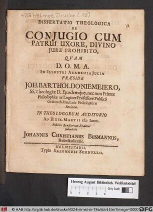 Dissertatio Theologica De Conjugio Cum Patrui Uxore, Divino Jure Prohibito