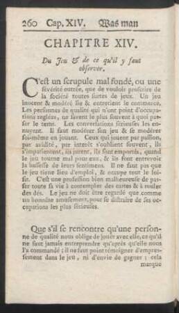 Chapitre XIV. Du Jeu & de ce qu'il y faut observer = Das XIV. Capitel. Vom Spiele, und was dabey zu beobachten