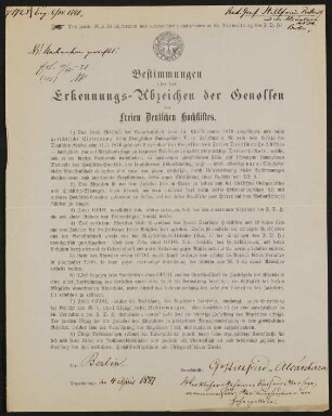 Bestimmungen über das Erkennungs-Abzeichen der Genossen des Freien Deutschen Hochstifts - Rudolf Graf Stillfried-Alcantara