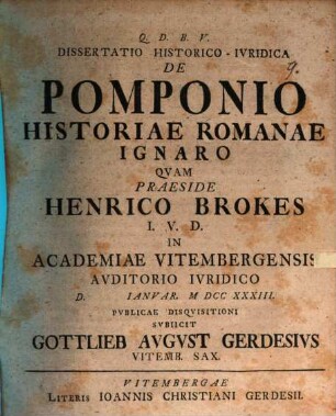 Dissertatio Historico-Ivridica De Pomponio Historiae Romanae Ignaro