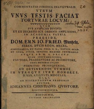 Commentatio Ivridica Inavgvralis Vtrvm Vnvs Testis Faciat Tortvrae Locvm