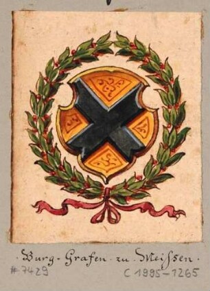 Das Wappen der Burggrafen von Meißen in einem Blätterkranz: ein schwarzes Andreaskreuz auf goldenem Grund