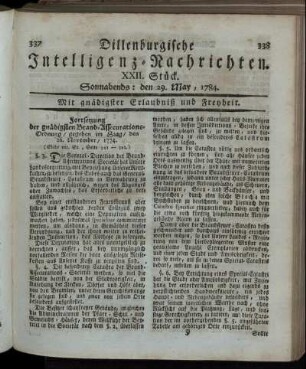 XXII. Stück. Sonnabends: den 29. May, 1784.