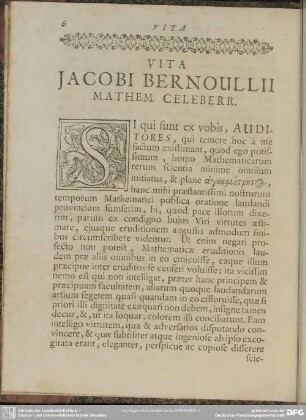 Vita Jacobi Bernoullii Mathem. Celeberr.