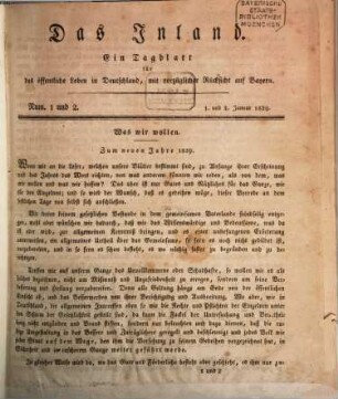 Das Inland : ein Tagblatt für das öffentliche Leben in Deutschland, mit vorzüglicher Rücksicht auf Bayern. 1829,1/6