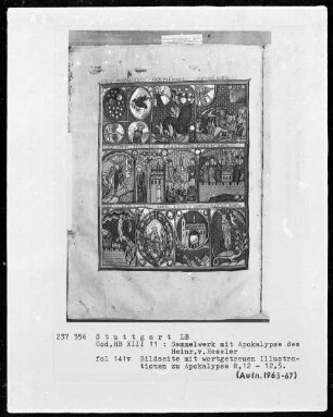 Sammelwerk mit Apokalypse des Heinrich von Hesler & Christherrenchronik — Apokalypse, Folio 97recto-172verso — ---, Folio 97recto-172versoIllustrationen zur Apokalypse in mehreren Bildfeldern, Folio 141verso