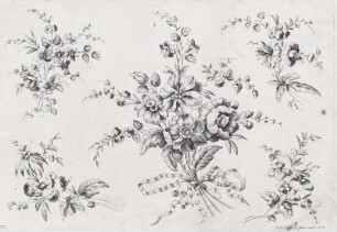 Blumenarrangement mit Schleife und einzelnen Blumendarstellungen