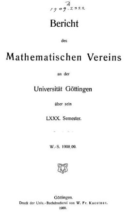80.1908/09: Bericht des Mathematischen Vereins an der Universität Göttingen