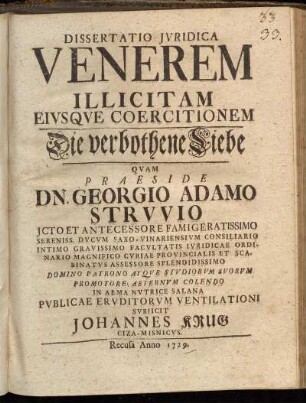 Dissertatio Jvridica Venerem Illicitam Eivsqve Coercitionem