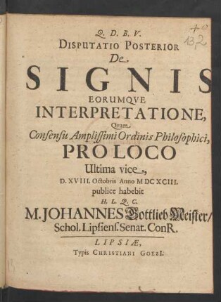 Disputatio Posterior De Signis Eorumque Interpretatione