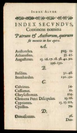 Index Secundus, Continens nomina Patrum & Authorum, quorum sit mentio in hoc opere.