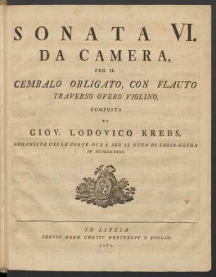 Sonata VI. Da Camera Per Il Cembalo Obligato Con Flauto Traverso, Overo Violino