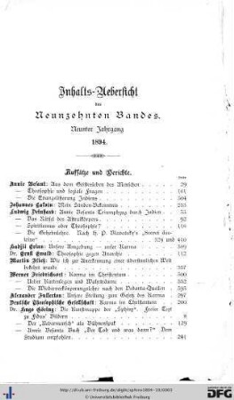 Inhalts-Übersicht des Neunzehnten Bandes