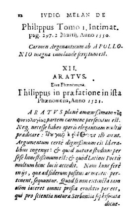 XII. Aratvs. Eius Phænomena. Philippus in præfatione in ista Phænomena, Anno 1521