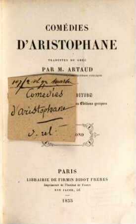 Comédies d'Aristophane tradduites du grec par M. Artaud, 2
