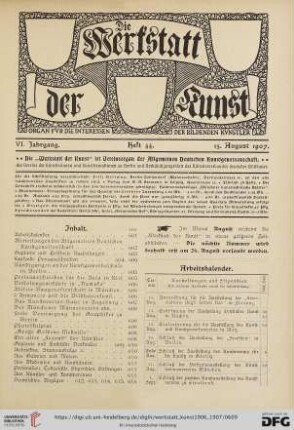 Inhalt / Arbeitskalender / Mitteilungen der Allgemeinen Deutschen Kunstgenossenschaft / Geplante Ausstellunge / Eröffnete Ausstellungen / Laufende Preisausschreiben