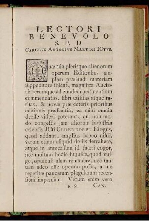 Lectori benevolo S. P. D. Carolus Antonius Martini Ictus.