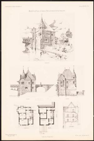 Brückenwärterhaus: Perspektivische Ansicht, Ansicht, Seitenansicht, Grundriss EG, Keller, Querschnitt (aus: Entwürfe von Mitgl. d. AVB, Neue Folge 1899/00)