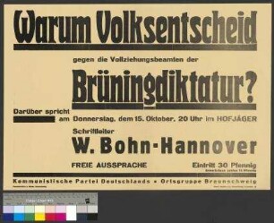 Plakat der KPD zu einer öffentlichen Wahlversammlung am 15. Oktober 1931 in Braunschweig